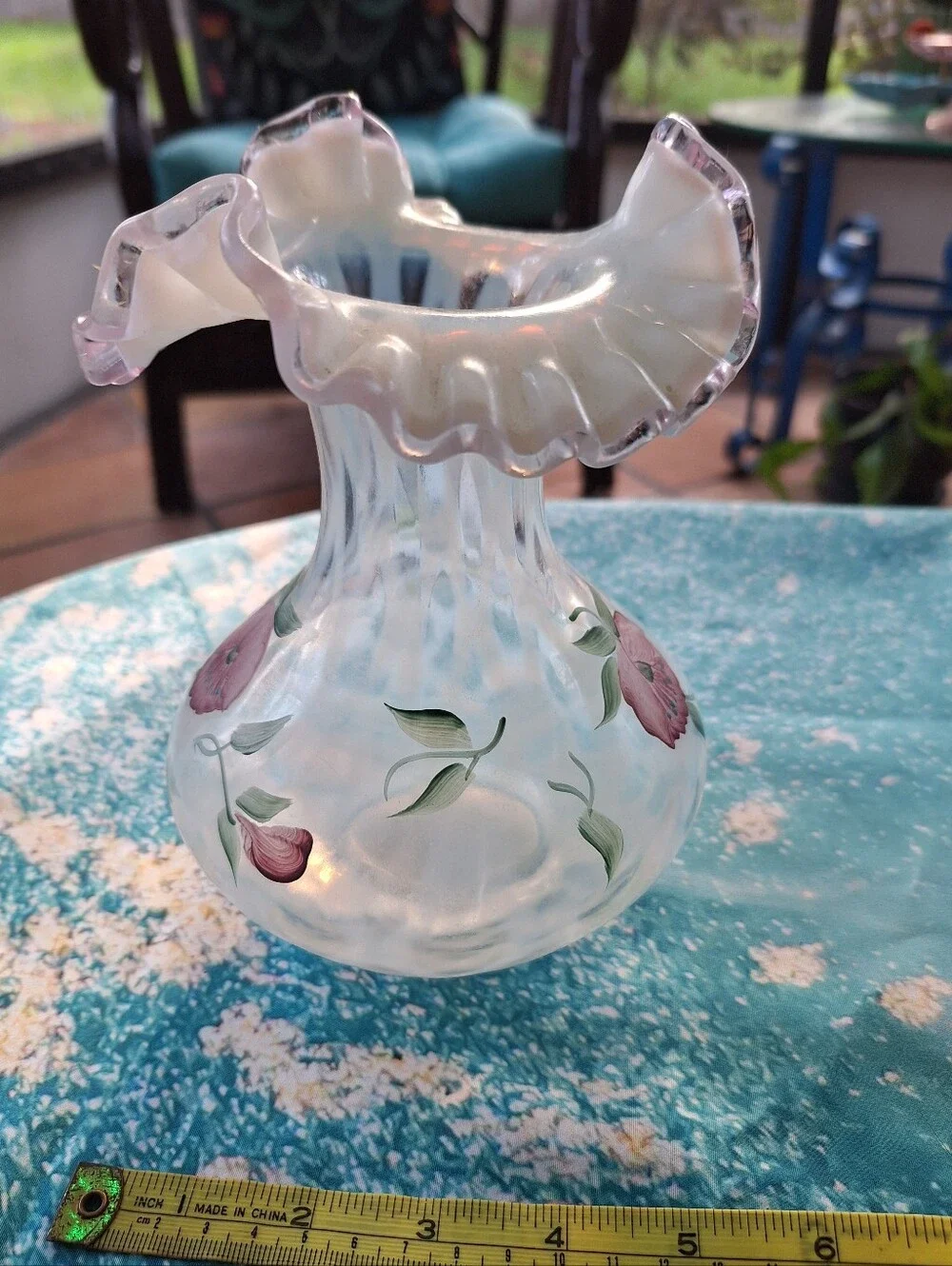Fenton Vintage Hand-Painted Pink Floral Ruffled Glass Vase
